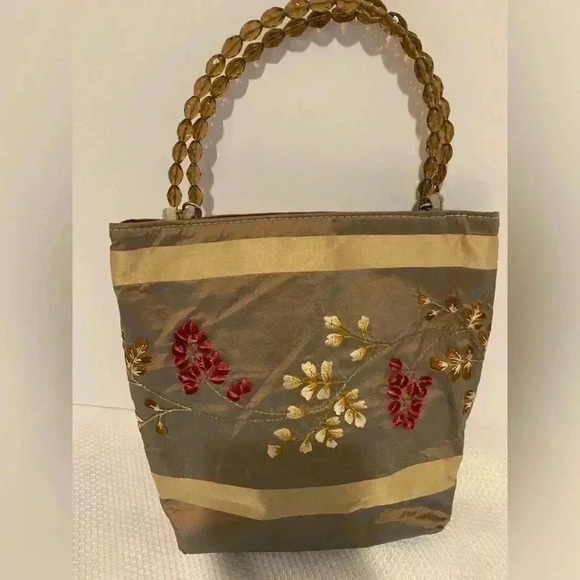 Embroidered Brown Small Handbag Purse Evening Bag Flowers Beaded Handles - Picture 1 of 6